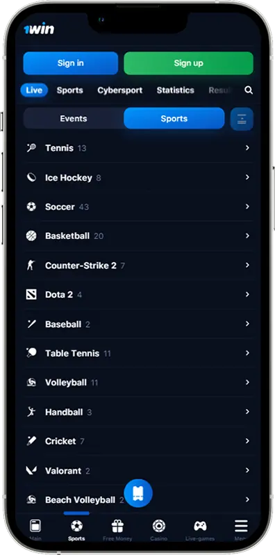 Screenshot of sportsbook 1win App PK