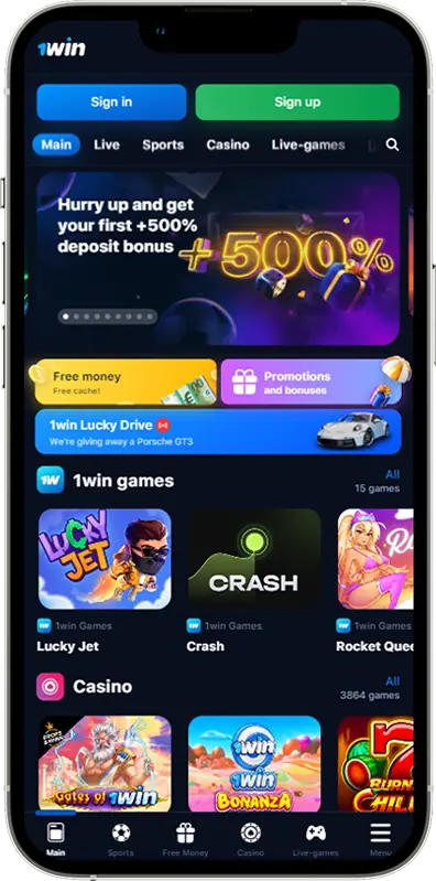Screenshot of the 1win App PK homepage